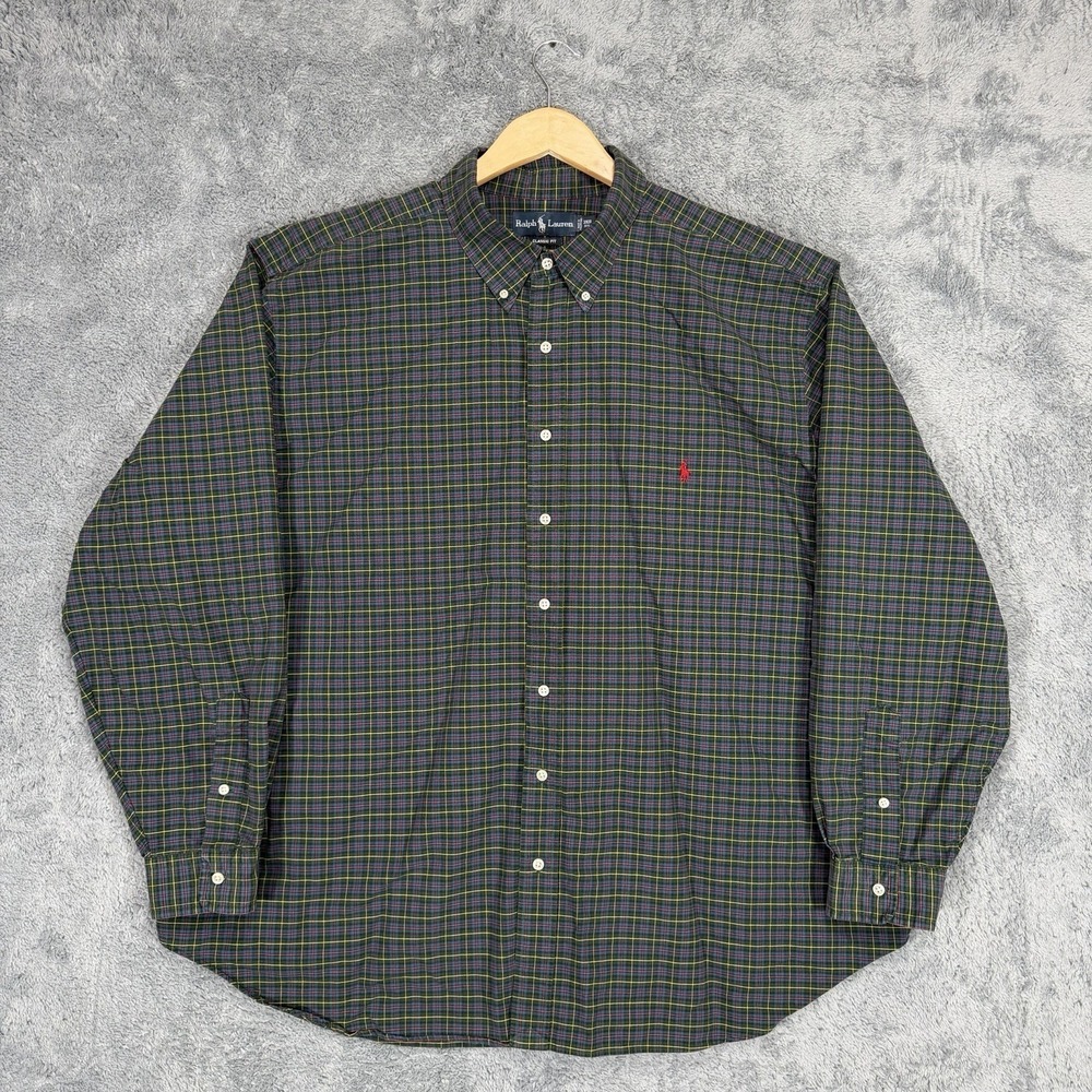 Ralph Lauren Shirt Mens 3XB Classic Fit Green Plaid 100% Cotton Pony Preppy